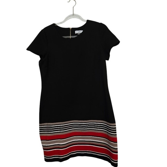 Calvin Klein Black Sheath Dress Striped Hem Sheer Panel Gold Zipper‎ Size 14 - Picture 2 of 8